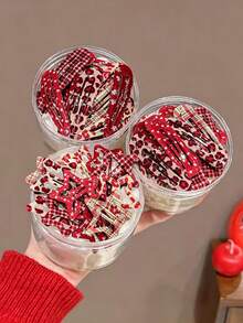 5/10/20/36pcs Red Leopard Print Star Plaid Hair Clips For Women, Flyaway Hair BB Clips, Forehead Side Bangs Hair Clips, New Year Hair Accessories, Daily Use - Multicolor - View 2