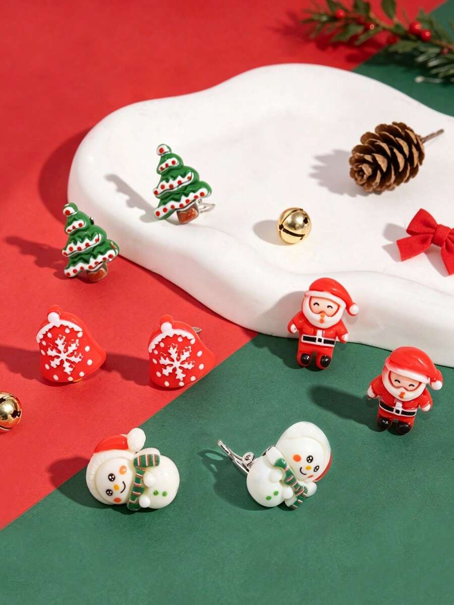1 Pasang Anting Jepit Telinga Resin Berbentuk Santa Claus, Lonceng Manusia Salju, dan Pohon Natal, Dekorasi Natal Berwarna-warni, Hadiah Sempurna untuk Pesta Liburan Anak-Anak - MultiWarna - View 1