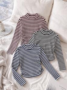 3pcs/Set Autumn/Winter Girls Fashion Casual Striped Colorblock Stand Collar Long Sleeve Base Layer Tops - Multicolor - View 2