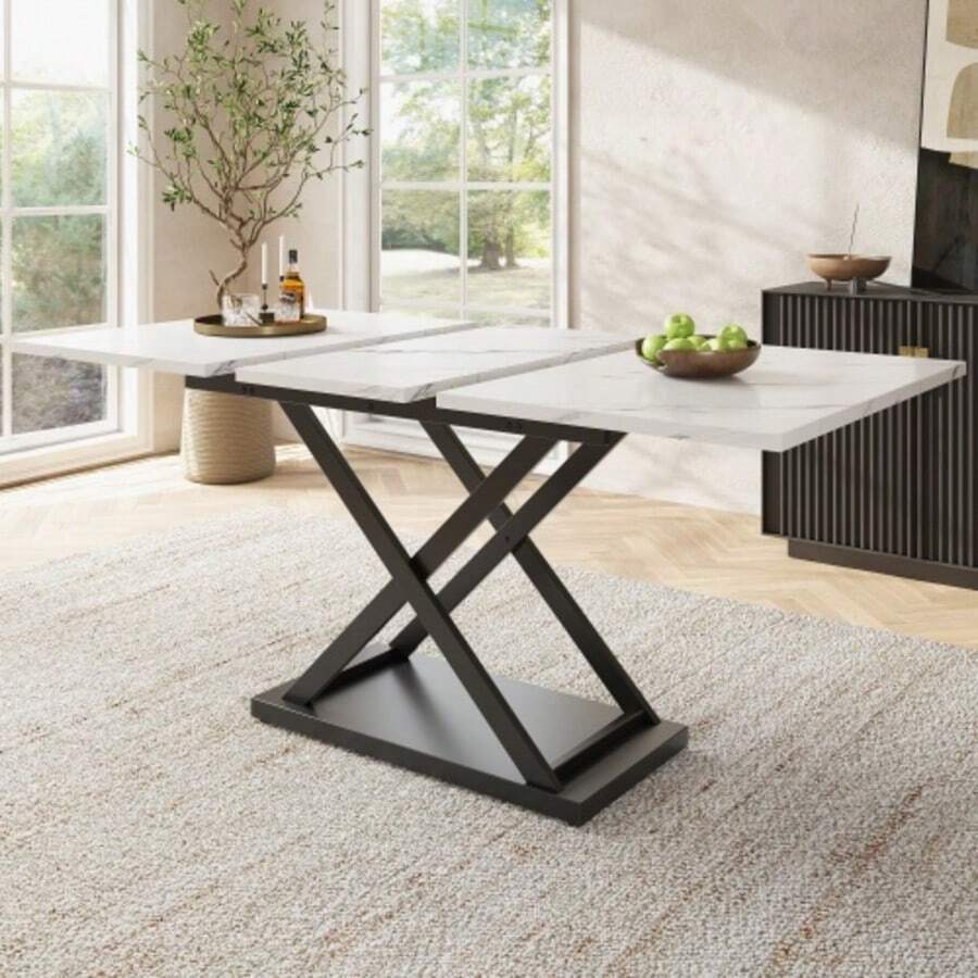 Extendable Dining Table 120-160 X 80 X 75 Cm, Telescopic Kitchen Table With Crossed Metal Legs, Space-Saving Table For Kitchen & Living Room, White & Black - White & Black - View 1