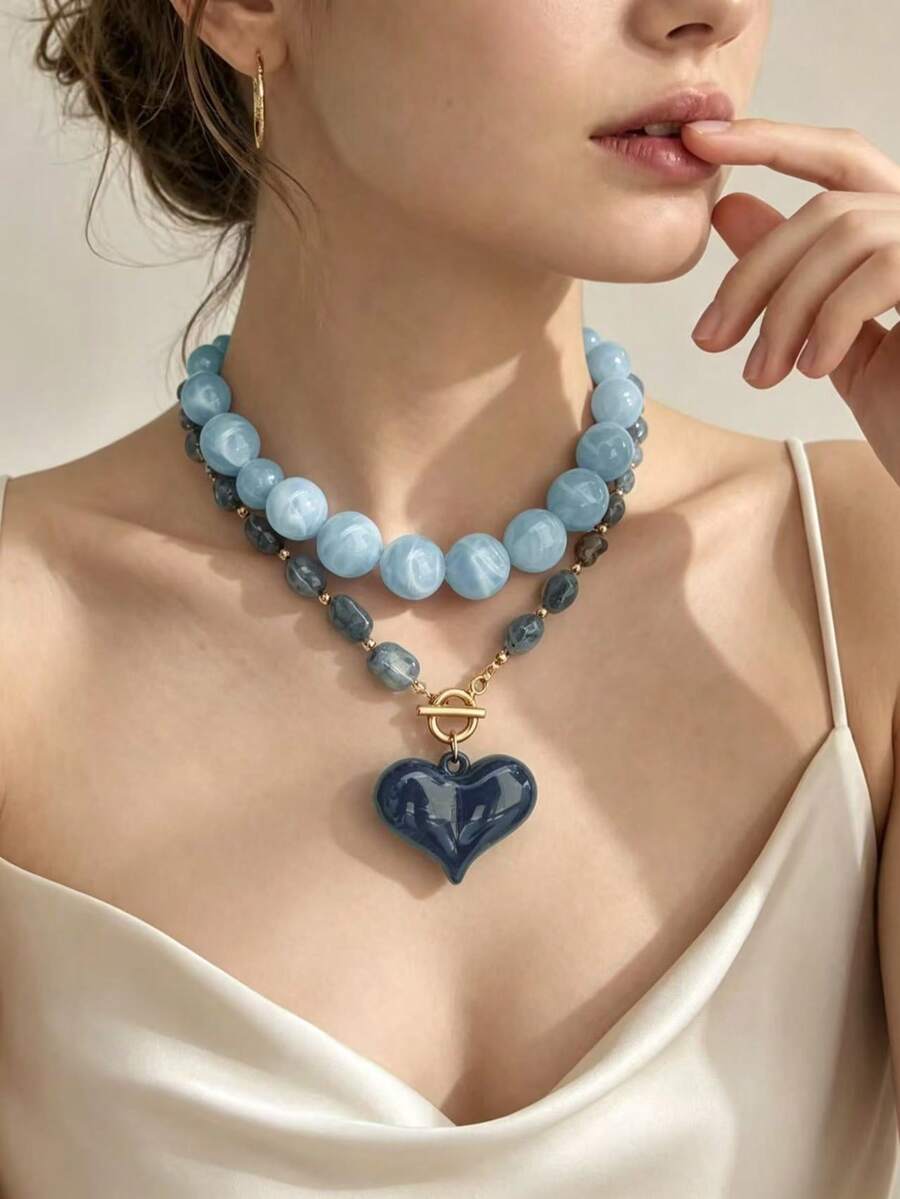 1/2 món dây chuyền mặt trái tim đính hạt màu xanh, vòng cổ choker hạt tròn xanh nhạt và chuỗi hạt không đều màu xanh đậm kèm móc cài toggle và charm trái tim - Nhiều màu - Xem 1