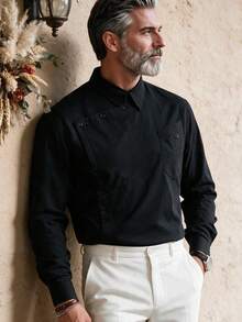 GOLDREDY Spring/Autumn New Chinese Style Deconstructed Asymmetric Diagonal Button Black Shirt For Men, Matte Draping Stand Collar Single Pocket Loose Drop Shoulder Niche Design Commute Long Sleeve Shacket - Black - View 1