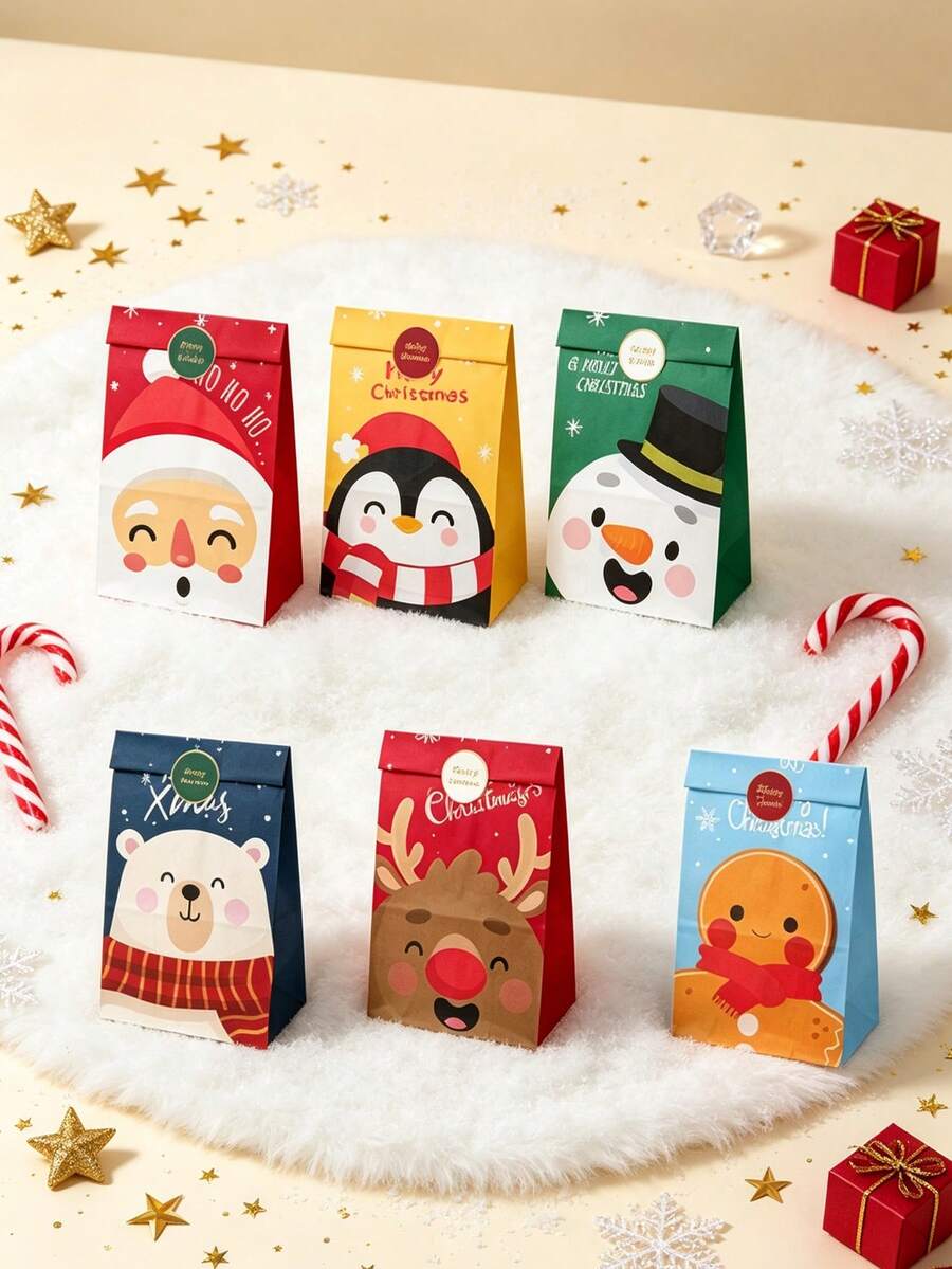 13pcs Christmas Santa Claus Print Gift Bags Set, Gingerbread Man & Christmas Tree Pattern Gift Bags With Christmas Stickers, Party Baking Flat Bottom Paper Bags, Holiday Party Favors, Photo Props, Suitable For Christmas Gift Packaging, Holiday Gifts, Holiday Celebration Decor - Multicolor - View 1