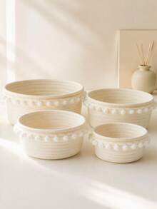 1/4pcs Large Capacity Round Lace Handmade Woven Storage Box, Suitable For Remote Controls, Cosmetics, Electronics, Home, Office, Living Room, Bedroom Decor - Multicolor - View 2
