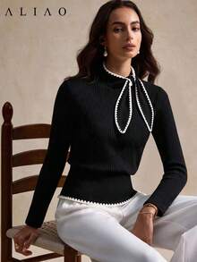 Seashell Embroidered Tie Neck Long Sleeve Top Women, Colorblock Trim Elegant Commute Blouse, Fall Winter Fashion - Black - View 4