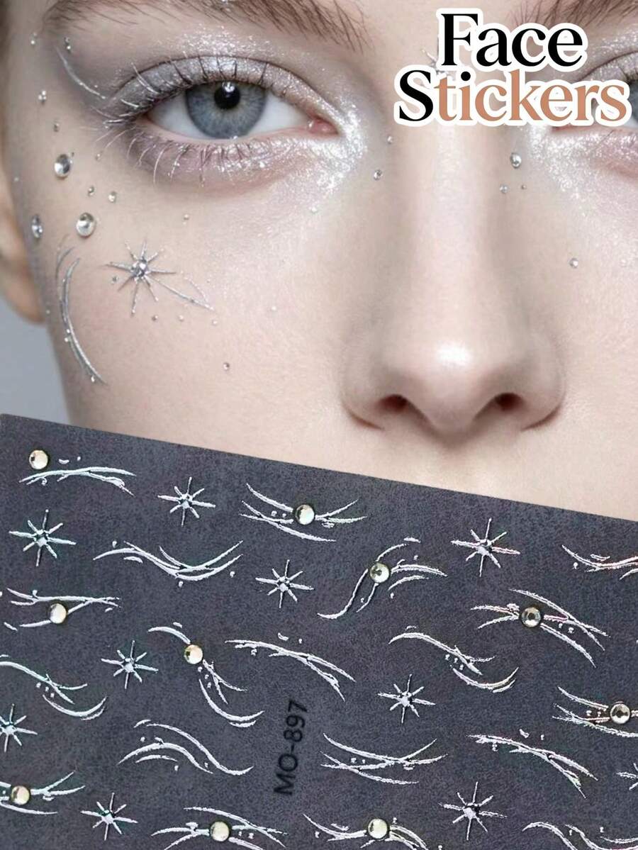 1pc New Silver Rhinestone Crystal Glitter Face Gem, Asymmetrical Silver Rhinestone Face Makeup Gem, Suitable For Music Festival, EDM Party, Cosplay, Stage Performance, Photography, Can Be Applied To Eyes, Cheeks, Forehead, Nails, Firmly Adhered And Not Easily Falling Off, Creative Face Decoration - Multicolor - View 1
