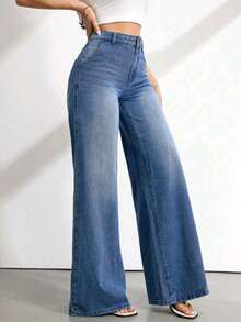 Plus Size Women's Vintage Casual Straight Leg Medium Wash Denim Jeans - Dark Wash - View 5