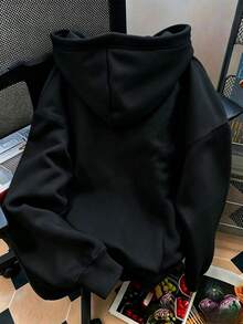 Y2K 軟妹風可愛貓咪印花女款寬鬆落肩長袖套頭衛衣 休閒袋鼠口袋卡通爪印學生上衣 - 黑色B - 查看 2