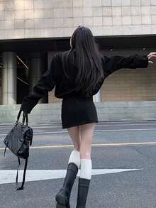 Setelan Kasual Wanita 2 Potong, Sweatshirt Lengan Panjang Longgar - Hitam - View 2