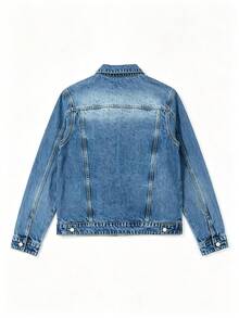 Men's Mid-Wash Denim Trucker Jacket, Distressed Ripped Faded Cat-Whisker Effect, Button Front, Flap Pockets, Non-Stretch Vintage Streetwear Style - Royal Blue - View 6