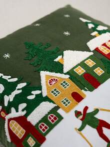 1件綠色聖誕滑雪刺繡枕套，聖誕樹枕套，適合室內裝飾，聖誕裝飾，四季通用枕套，不含枕芯 - 綠色 - 查看 5