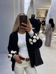 Autumn/Winter New Lazy Style Open Front Loose Fit Dropped Shoulder Long Sleeve Sweater With Handmade Crochet 3D Floral Decor, All-Match Casual Versatile For Holidays And Commuting, Women's - Black - View 9