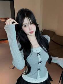 Women's 2-In-1 Bowknot Polka Dot Long Sleeve T-Shirt, Early Autumn Pure Desire Hot Girl Style Unique Gorgeous Base Layer Top - Grey - View 1
