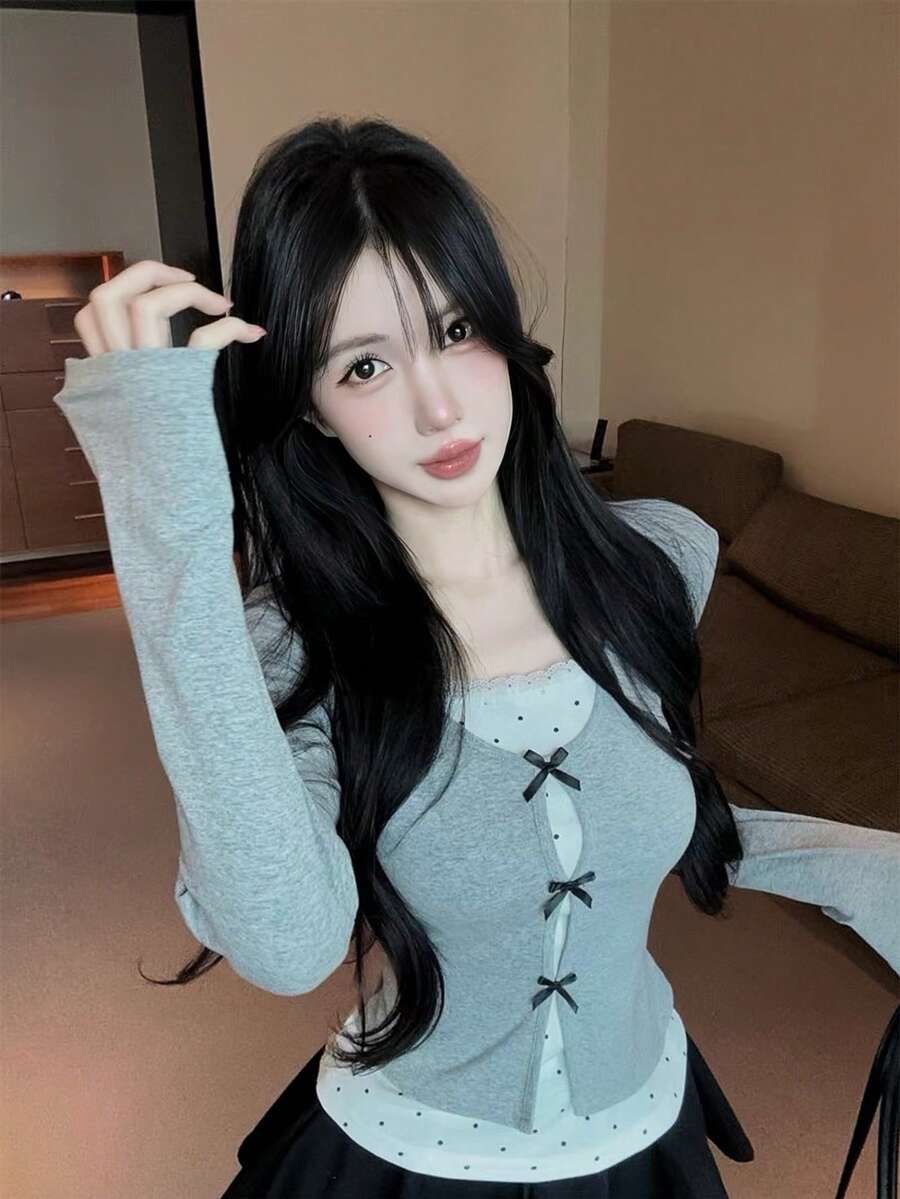 Women's 2-In-1 Bowknot Polka Dot Long Sleeve T-Shirt, Early Autumn Pure Desire Hot Girl Style Unique Gorgeous Base Layer Top - Grey - View 1