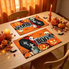 1/4/6pcs Halloween Series Tombstone & Coffin BOO Pattern Printed Placemats, Heat-Resistant Table Mats For Home Kitchen, Tabletop Protection, Kitchen Dining Table, Party Scene Decoration - Multicolor - View 4
