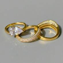 VKHK 3pcs/Set Luxurious Copper Plated Gold Full Rhinestone Zirconia Decorated Rings Set Suitable For Women Wedding Wear Gift - 3-piece Ring Set - View 9