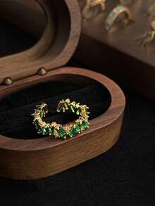 1pc Copper Vintage French Geometric Palace Asymmetrical Emerald Open Ring, Exquisite Elegant Artistic Retro Niche Design, Suitable For Women's Daily And Holiday Wear - Green - View 3