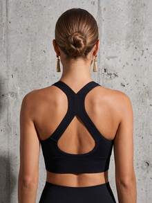Front Zipper Hollow Back Sports Bra, Wire-Free Shock-Absorbing Push-Up Running Bra, Fitness Bra - Black - View 2