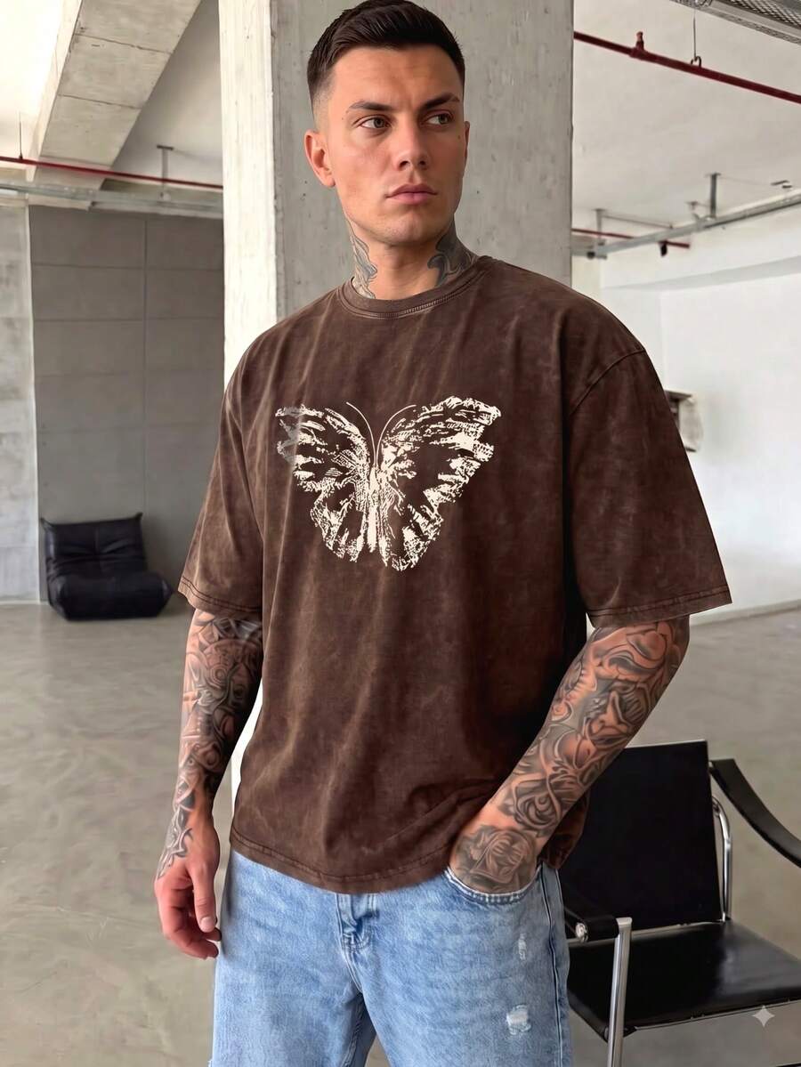 YUNCHIC - Men's Casual Washed T-Shirt, Cartoon Butterfly Pattern, Loose Fit, Versatile Daily Summer Wear - Coffee Brown - View 1