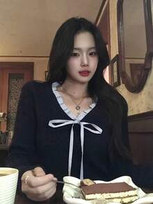 Women's College Style Textured Knit Sweater, New Arrival, Petite Fit, Long Sleeve, Frill Trim Top - Navy Blue - View 3