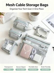 Transparent Mesh Storage Bag Set, Makeup Bag, Portable Coin Purse, Stationery Pencil Case, Zipper Travel Toiletry Bag, Suitable For Home Office Data Cable Storage Accessories, Portable Coin Purse For Outings, Can Store Cards, Keys And Other Items - A - View 7