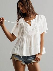 Rusttydustty Party Outfit Bohemian Loose V-Neck White Patchwork Lace Casual Women's Top, Suitable For Autumn, Halloween - White - View 1