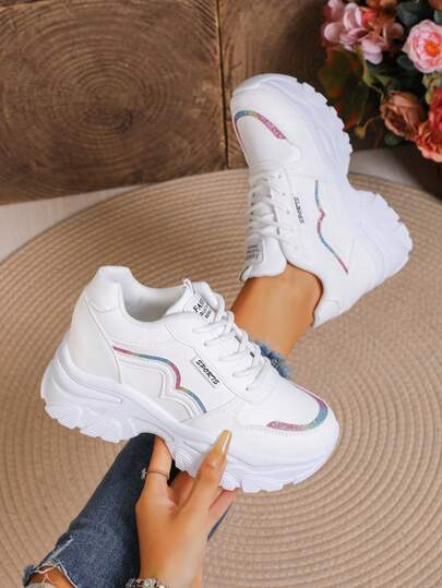 New Wave Trim Women's Platform Chunky Sneakers, Lace-Up Thick Sole Women's Height-Increasing Casual Sports Shoes, Suitable For Autumn Daily Outings Women's Casual Shoes, Versatile Women's Casual Shoes