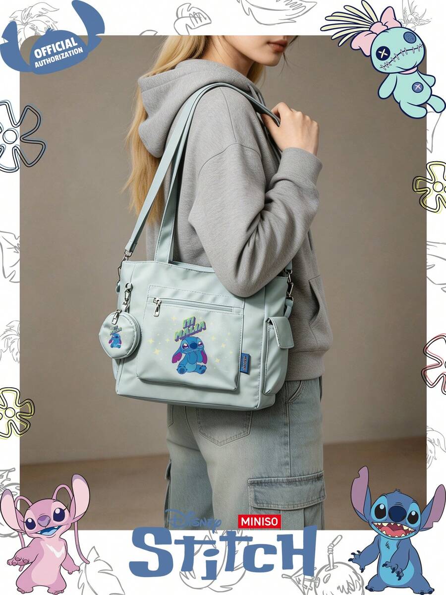 Miniso Set Tas Tote Disney Stitch dengan Teks Malia & Bintang Bergambar Kartun, 2 Buah, Dilengkapi Dompet Koin, Ideal untuk Kerja, Perjalanan, Belanja, dan Penggunaan Sehari-hari - Mint Green - View 1