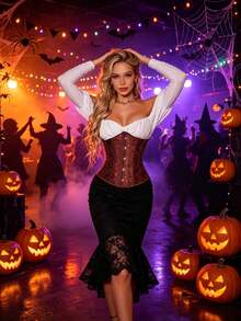 Bohemian Vintage Cloud Pattern Jacquard Embroidered Waist Cincher, Adjustable Front Buckle With Back Lace-Up, Versatile Waist Accessory For Dresses, Daily Short Waist-Cinching Tummy Control Belt, Renaissance Halloween Gothic Layering Accessory - Multicolor - View 4