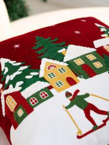 1件紅色聖誕滑雪刺繡枕套,聖誕樹枕套,適合室內裝飾,聖誕裝飾,四季通用枕套,不含枕芯 - 紅色 - 查看 5