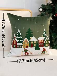 1件綠色聖誕滑雪刺繡枕套，聖誕樹枕套，適合室內裝飾，聖誕裝飾，四季通用枕套，不含枕芯 - 綠色 - 查看 4