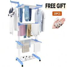 Foldable 4 Tier Clothes Airer With 20 PcsPortable Laundry Hooks Indoor Outdoor - Blue - View 12