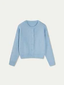 MORI Autumn/Winter Baby Blue Knit Cardigan Sweater, Girls' Solid Color Button Round Neck Pullover, Preppy Style Basic Outfit For Vacation And Outings - Blue - View 7
