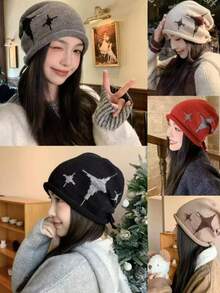 Multi-Color Four-Pointed Star Jacquard Slouchy Beanie Hat, Unisex Autumn/Winter Drawstring Knitted Cap, Korean Style Slouchy Look, Ear-Flap Warm Pullover Cold Weather Hat - Multicolor - View 8