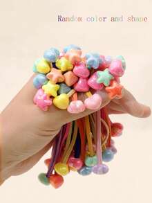 30pcs/Pack Girls' Elastic Hair Ties With Colorful Plastic Star & Heart Beads, Random Color, Suitable For Daily Life Or School - Multicolor - View 2