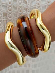 3/1pc Vintage Elegant Acrylic Geometric Wave Bracelet Set Suitable For Women's Daily Wear - Multicolor - View 2