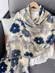 女款百搭長款披肩圍巾 薄款疊穿圍巾 春夏紗絲圍巾 秋冬新款花卉圍巾 - 大花灰色 - 查看 2