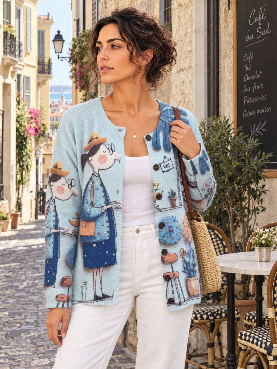 Women's Vintage Cartoon Print Cardigan, Long Sleeve Round Neck Button-Up Regular Fit Autumn Cardigan, Medium Stretch Fabric, Suitable For Winter Wear - Light Blue - View 1