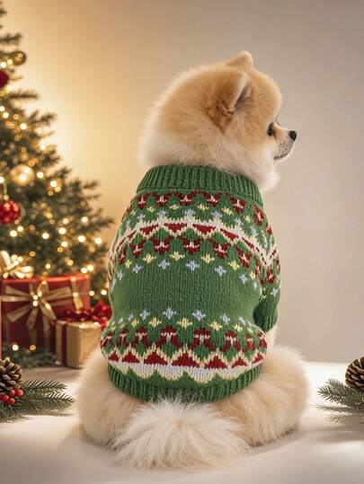 1PC Pet Clothes 2026 Autumn/Winter New Arrival Small Dog Puppy Cat Cute Pet Holiday Atmosphere Soft Skin-Friendly Warm Christmas Sweater - Green Fair Isle
