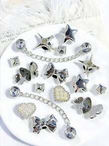16pcs Silver Rhinestone Butterfly Shoe Charms, Flower Bow Star DIY Sandals Beach Bag Accessories Gift - Silver - View 7