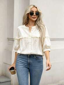 Women's Floral Embroidery Ruffle Casual Versatile Daily Wear Short Sleeve Shirt, Summer - Apricot - View 2