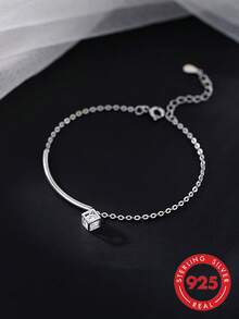 1pc S925 Sterling Silver Niche Design Geometric 3D Square Pendant Bracelet For Women, Minimalist Delicate Chain, Exquisite Wrist Accessory, Minimalist Luxury Personalized High-End Style, Suitable For Party, Travel, Commute, Timeless Elegant Fashion Accessory - Square - View 2