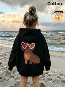 2026 Autumn/Winter Girls' Custom Loose Black Hooded Sweatshirt, Puppy Pattern With Heart-Shaped Glasses, Cute Cartoon Style - Black - View 11