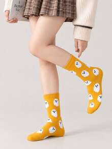 3 Pairs Women's Cute Ghost Print Mid-Calf Socks, Soft Elastic Knitted Socks, Multi-Color Fun Print Socks, Casual Daily Streetwear Aesthetic Socks, Girls Multi-Color Combination Socks - Multicolor - View 2