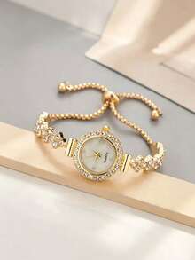 1pc French Luxury Gold-Tone Full Rhinestone Bracelet Quartz Women's Watch, Natural Mother Of Pearl Small Round Dial With Sparkling Rhinestone Bezel, Exquisite And Eye-Catching. Adjustable Pull-Chain With Unique Rhombus Rhinestone Link Design, Niche High-End Style, Shiny Gold-Plated Texture Enhances Slender Wrist Line, Perfect For Gifts And Daily Fashion Wear. - Gold - View 3