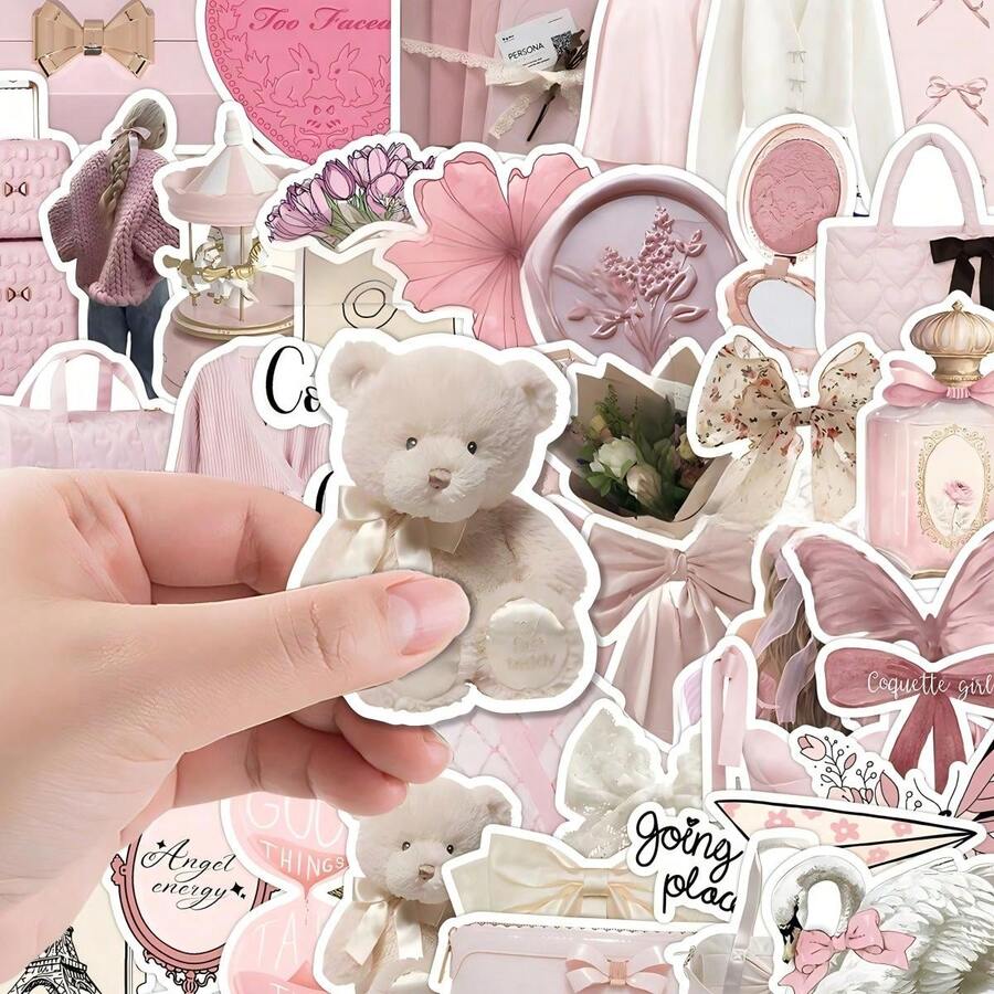somoving 50pcs Pink Aesthetic Stickers - Tulip, Bow, Cake, Peach, Book, And Animal Designs, Suitable For DIY Decoration Of Laptops, Mobile Phones, Notebooks, And Gifts - Multicolor - View 1