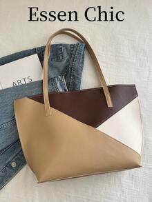 1pc Khaki Color Large Capacity Colorblock PU Patchwork Tote Bag Women's Shoulder Bag - Khaki - View 2