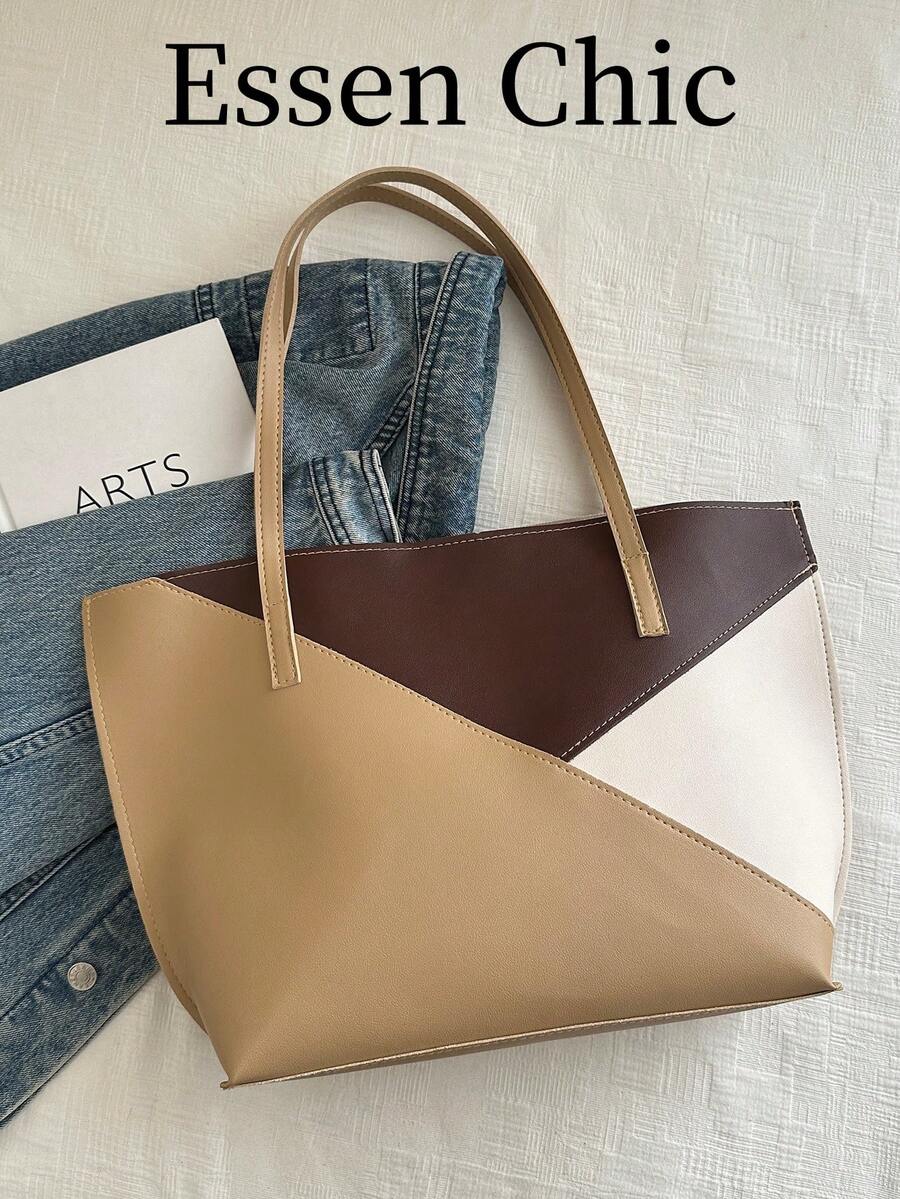 1pc Khaki Color Large Capacity Colorblock PU Patchwork Tote Bag Women's Shoulder Bag