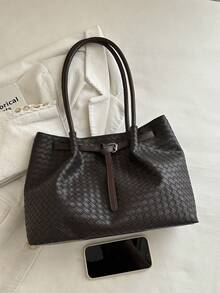 New Woven Texture Tote Bag For Women, Large Capacity Shoulder Bag, Minimalist Fashion Commuter Bag, Versatile Handbag - Coffee Brown - View 4