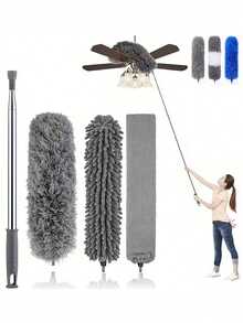 112 Inch Telescopic Pole Microfiber Dusting Kit, Suitable For High Ceiling Cleaning Fans And Cobwebs, Reusable And Washable Lightweight Ceiling Fan And Curtain Cleaning Tool - 4-piece Set - View 2